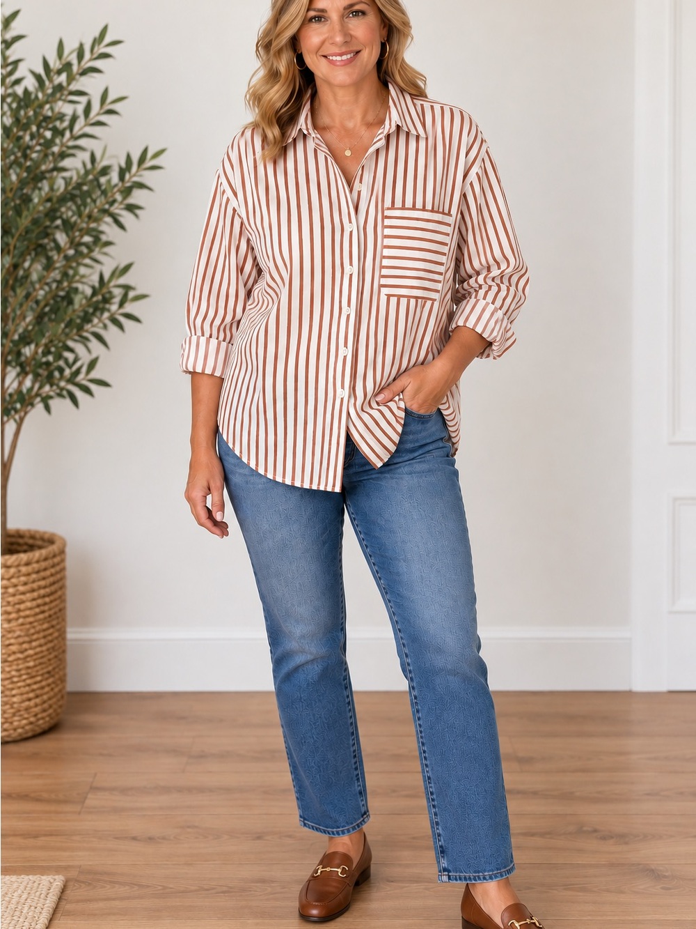 LOFT Womens Large Brown White Striped Button Down Shirt Oversized Cotton Pocket